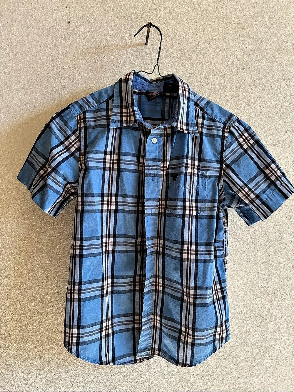 Wrangler Jeans Co. Boys Plaid Button Down Shirt Blue & Brown Medium (8)